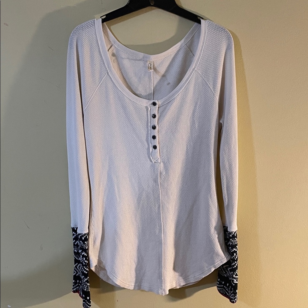 Free People Cream Long Sleeve Top with Patterned Cuffs